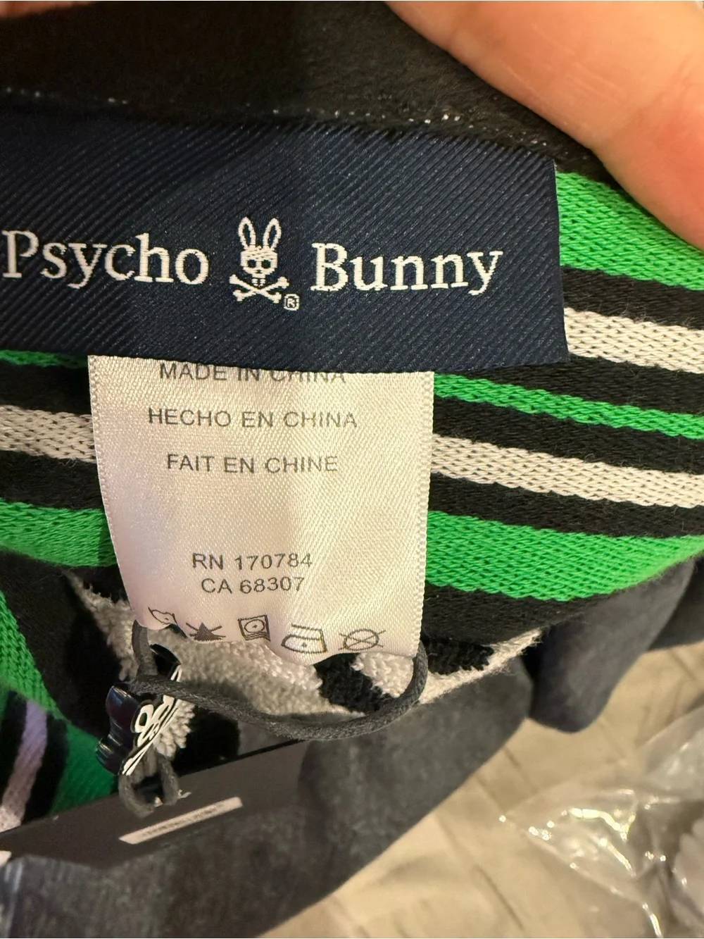 Psycho Bunny Black, White & Green Striped Knit Scarf with Logo Tag